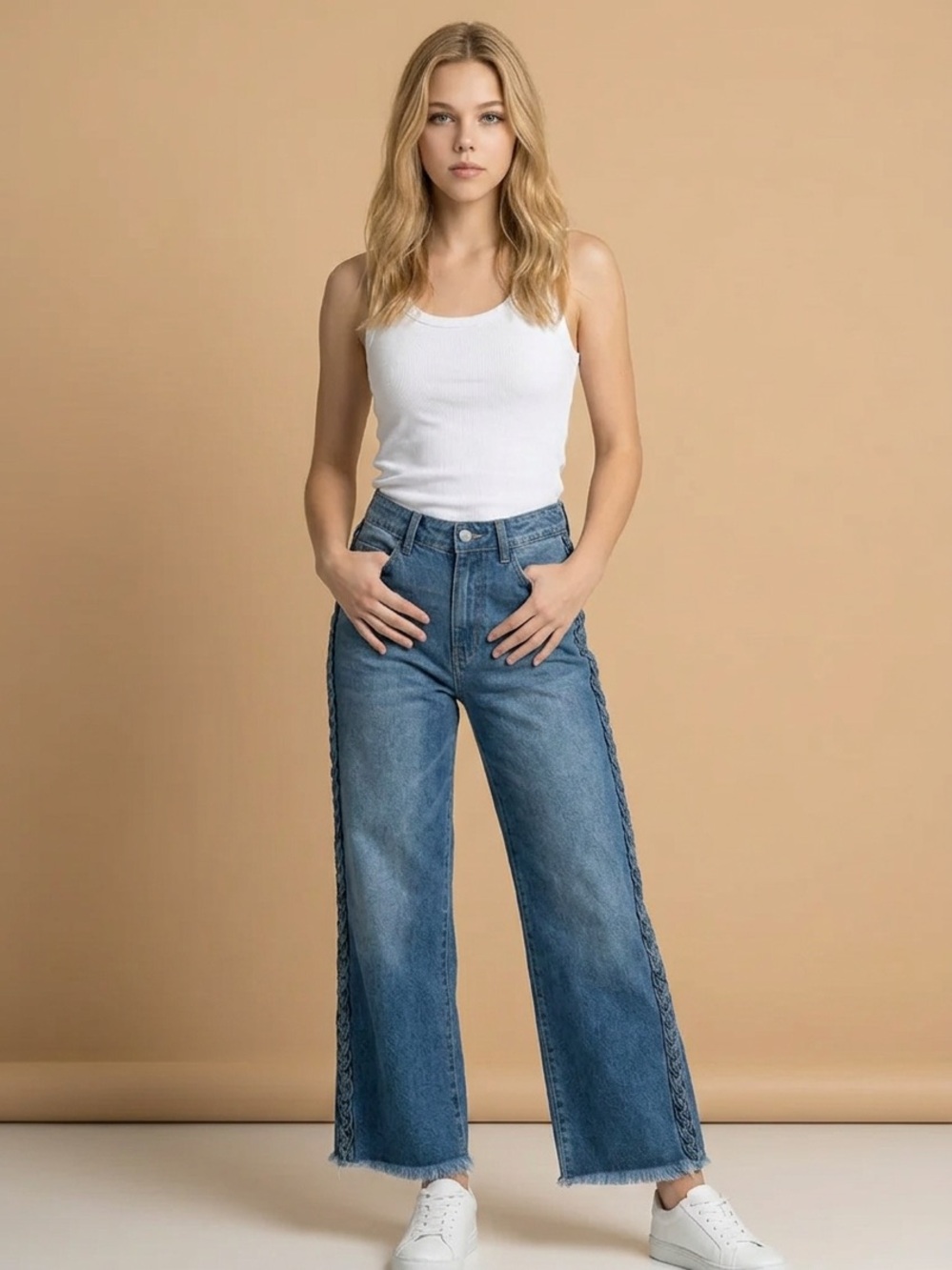 Sage + Fig Wide Leg Braided Side Cropped Jeans